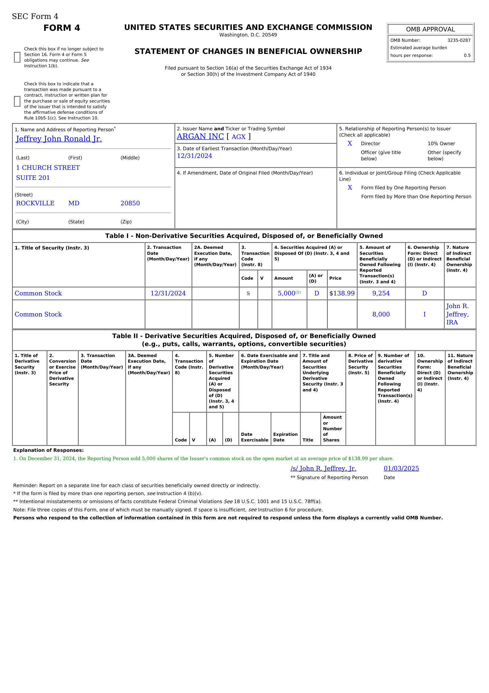 Argan Inc Form 4 page 1